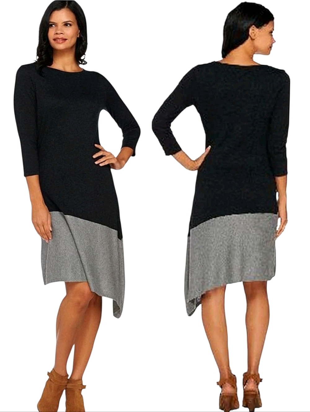 H by Halston Asymetrical Color Block Lagenlook Sweater Dress Sz Med Black Gray